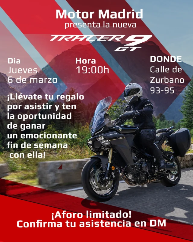 ¡Presentación de la Tracer 9 GT 2025 en nuestro concesionario!

Nuestros compañeros os acompañarán a descubrir todas las novedades del modelo 2025.
¡Imperdible!

Llévate tu regalo por asistir y ¡ten la oportunidad de ganar un fin de semana emocionante con ella!

Aforo limitado: confirma tu participación en DM 😎
Calle de Zurbano 93-95📍

#TRACER9GT #yamahamotormadrid 
#yamaha #madrid #moto 
#RoadsOfLife