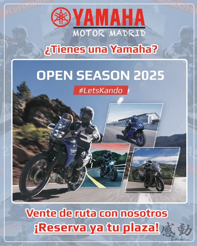 Vuelve uno de los eventos más esperados de la primavera: ¡OPEN SEASON 2025!🤩
¿Tienes una Yamaha?
Apúntate a una ruta con nosotros, el 24/05 en la que conocerás todas las novedades 2025 disfrutando de un aperitivo motero y una ruta en la espectacular Sierra de Madrid.

¿Cuándo? Sábato 24 de mayo
¿Dónde? Dirección del punto de encuentro: c/de Zurbano 93, Madrid, 28003📍

Escríbenos en MD para recibir el enlace a la inscripción y reservar tu plaza

¡Plazas limitadas!

#yamahamotormadrid #sierra 
#yamaha #rutamotera #letskando 
#openseason #madrid #yamaha 
#revsyourheart #mayo #madrid