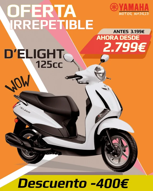 ¡Oferta imperdible!

Promoción: -400€ en D'elight, scooter de 125 cc, rápido y fácil de manejar😎
Antes 3.199€ ahora 2.799€

Nos encuentras en calle de Zurbano 93-95📍
WhatsApp: 676208025

#yamaha #yamahamotormadrid 
#delight #scooters 
#madrid