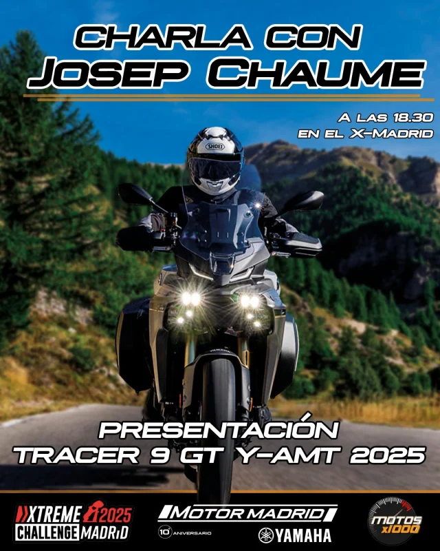 Evento imperdible: CHARLA CON JOSEP CHAUME 

El periodista del motor, Josep Chaume, @josepx1000 nos presentará la TRACER 9 GT y nos hablará del nuevo sistema de cambio semi-automático de Yamaha el Y-AMT 🤩

Apúntate horario y dirección
📅Mañana viernes 26/09
🕜 18.30 h.
📍X-MADRID, C. Oslo, 53, 28922 Alcorcón, Madrid

🔥¿Listos para la X-Treme Challenge? 🔥
Nos vemos mañana

@xtreme_challenge_ 
@motosx1000 
@yamahamotor_es 

#yamahamotormadrid
#xtremechallenge
#yamaharacing 
#tracer9 #yamt 
#moto #pasión 
#bikelife #passionemotori 
#motor #madrid