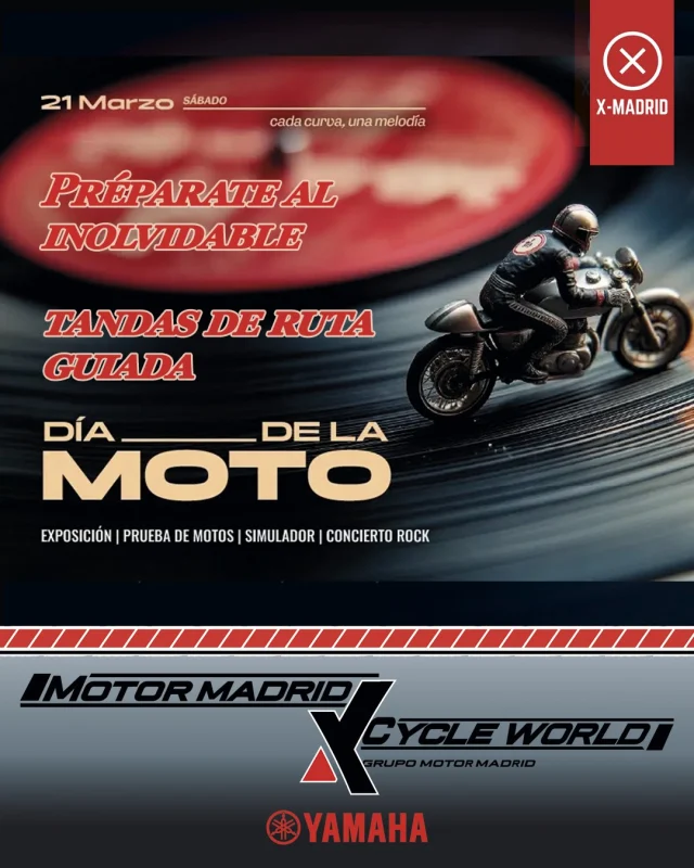 También este año vuelve el día de la moto en el X-Madrid, y por supuesto, junto con los compis de @cycleworldyamaha no podíamos faltar.

Haremos unas tandas con ruta guiada en las que podréis probar una de nuestras motos demo entre MT-07 35kW Y-AMT, MT-07 Full Y-AMT, MT-09 35kW Y-AMT, Tracer 7 Y-AMT, Tracer 9 GT+ Y-AMT y el inmancable Tmax.

¿Qué esperas?
Apúntate a una tanda.

¿Cómo? Pídenos más info en MD y te pasaremos el enlace para apuntarte

¡Te esperamos!🏍

#somosmotormadrid 
#diadelamoto #ruta 
#XMadrid #yamaha 
#mt09 #tracer9 #mt07 
#tmax